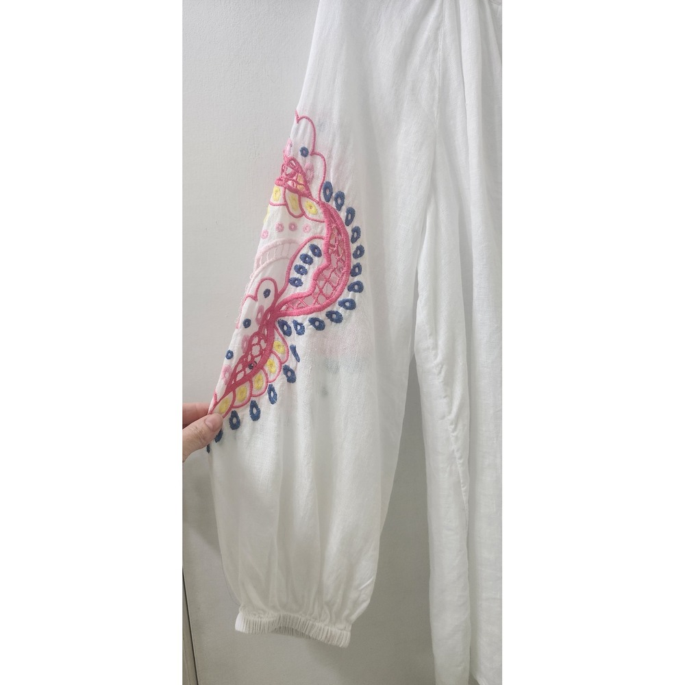 Charter Club Luxury White Linen Embroidered Peasant Blouse Tassel Tie Medium - Picture 4 of 7